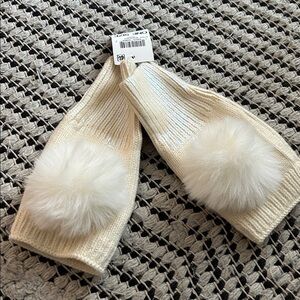 Cream Fingerless Mittens with Pom Pom